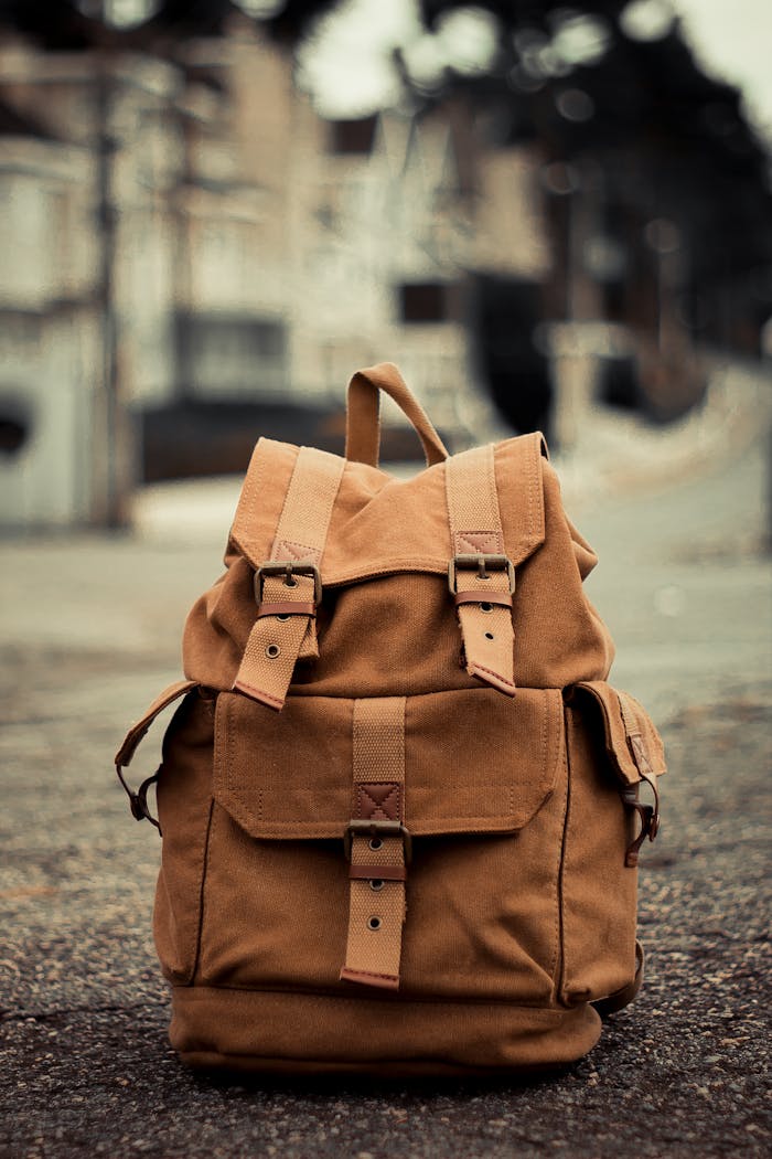 Close-up of a brown backpack on a blurred urban street background.
