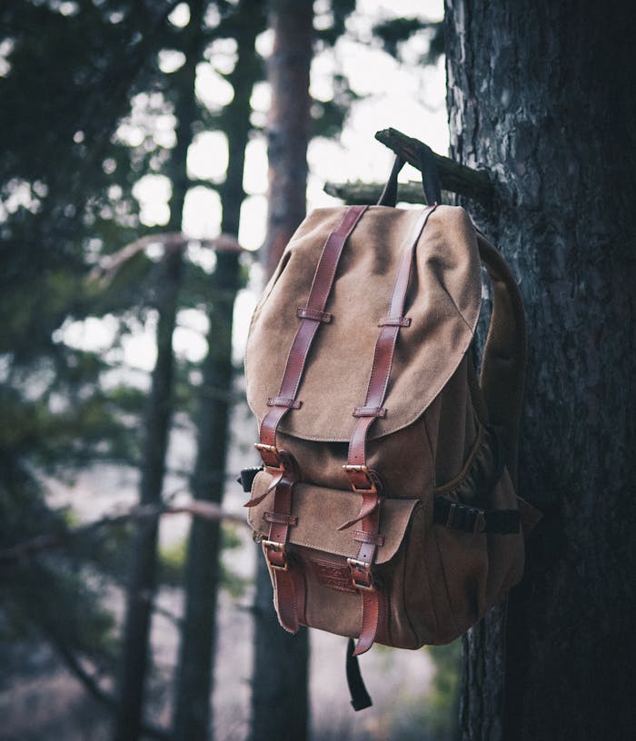 A rustic brown canvas backpack hanging on a tree in a forest setting, evoking adventure.
